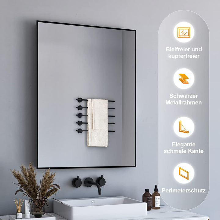 BD-Baode Spiegel Schwarz 70x50cm Rechteckiger Metallrahmen Badspiegel Wandspiegel für Badezimmer Woh