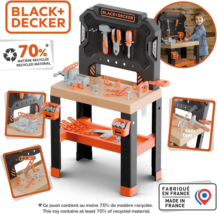 Smoby – Black+Decker Werkbank – 78 Zubehörteile inkl. 7 Werkzeuge wie Säge, Schraubstock, Schraubend