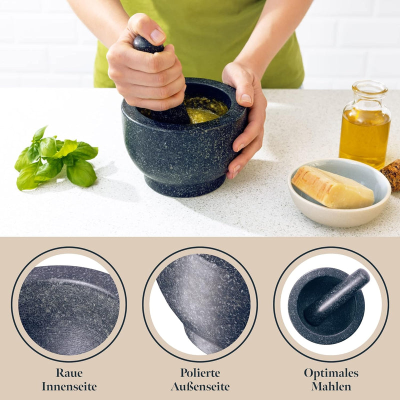 GOURMEO Mörser mit Stössel - Set in Gross aus Massivem Granit Stein - 7 cm Tiefer Mörser mit Aufgera