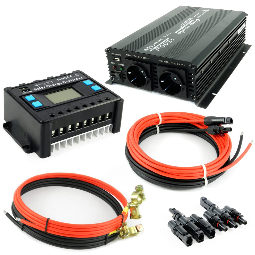 solartronics Zubehör Solar Set 1500 Watt Wandler 30A Laderegler Stecker Kabel Batterie Laderegler Ph