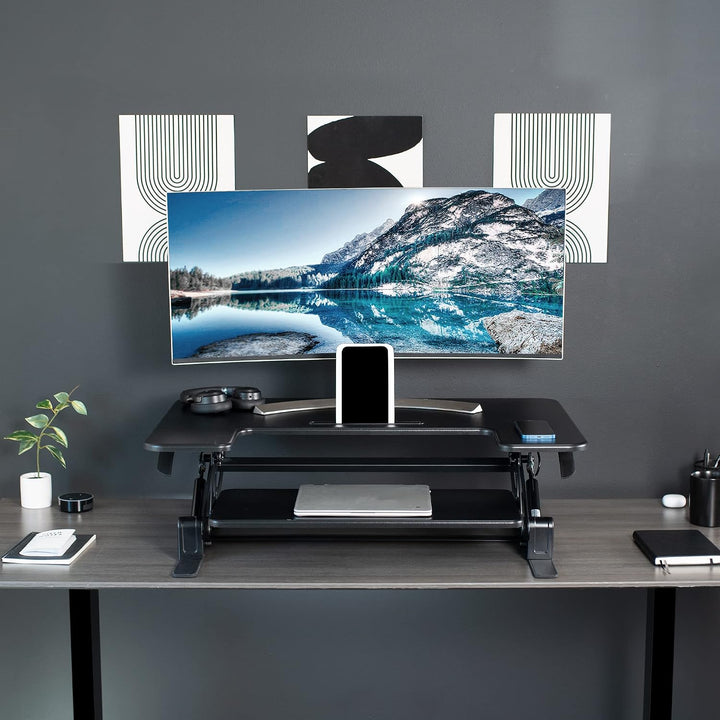VIVO 91 cm höhenverstellbarer Steh-Sitz-Schreibtischaufsatz, V-Serie, Schnellwechsel-Tisch-Monitorst