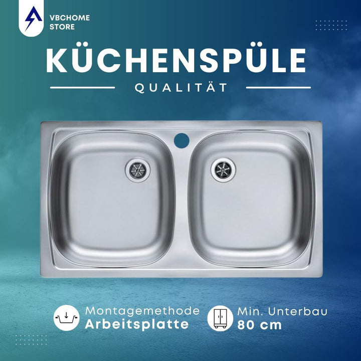 VBChome Doppelbecken Einbauspüle mit Hahnloch 78 x 44 cm Camping Küchenspüle - Leinenstruktur Alveus