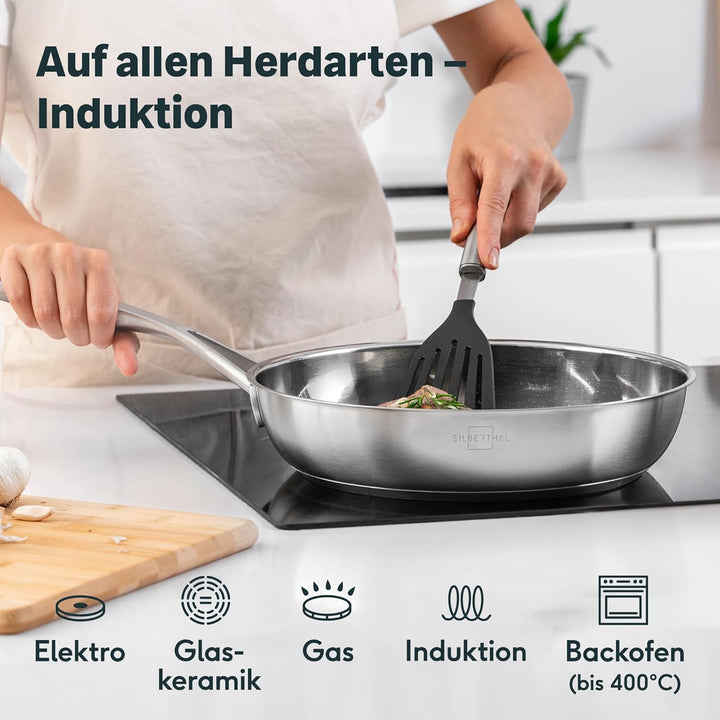 SILBERTHAL Pfannen Set 2 teilig - Edelstahlpfanne Unbeschichtet & Beschichtet - 24 cm und 28 cm - In