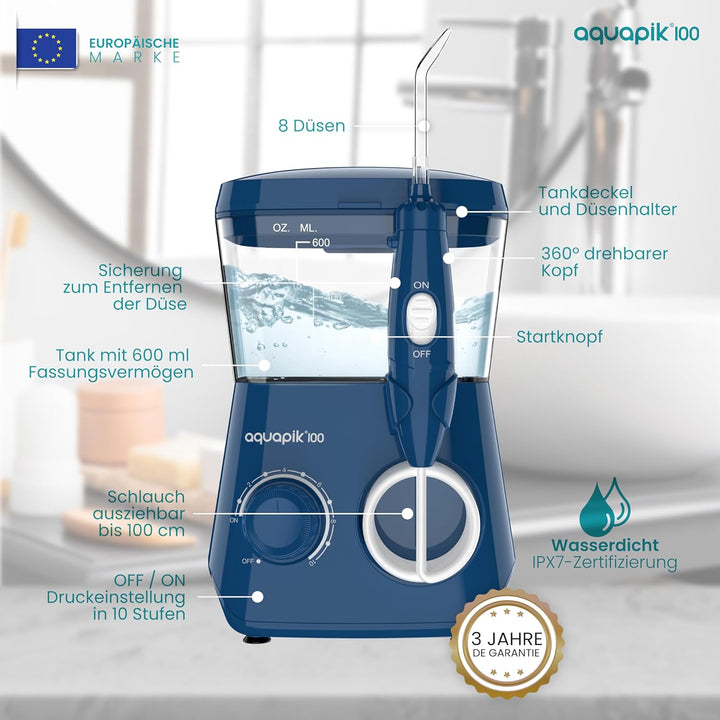Aquapik® 100 professionelle Munddusche | Plaqueentferner + von Zahnärzten empfohlen | 8 Düsen, 10 Dr