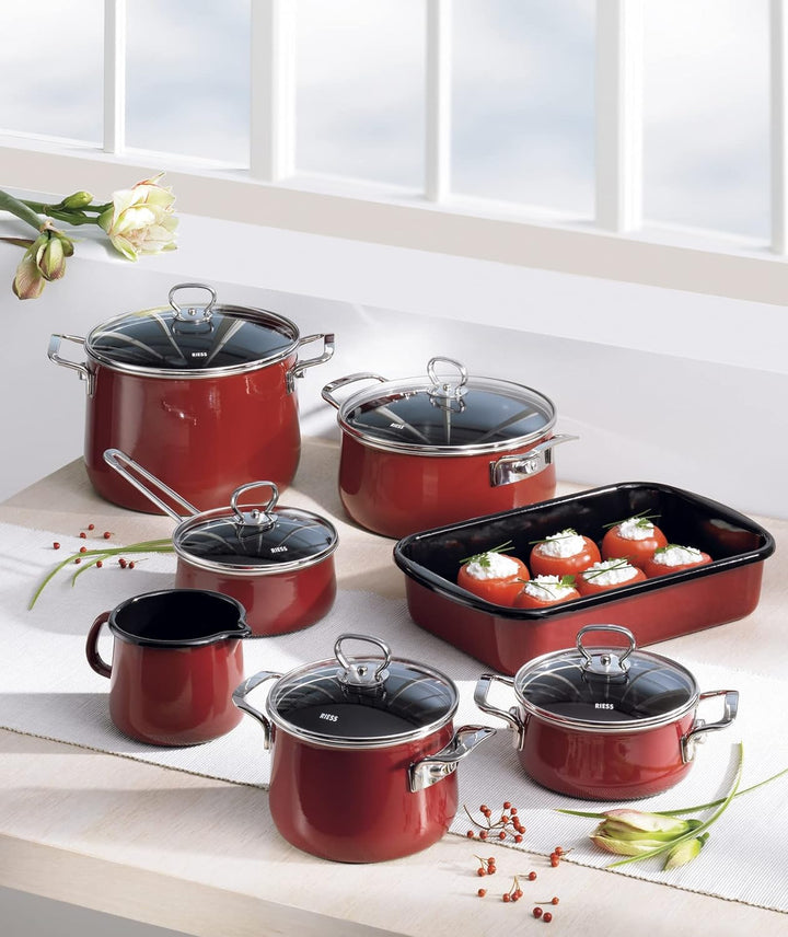 Riess, 0707-008, Kasserolle mit Glasdeckel, NOUVELLE, ROSSO EXTRA STARK, Durchmessser 16 cm, Höhe 14