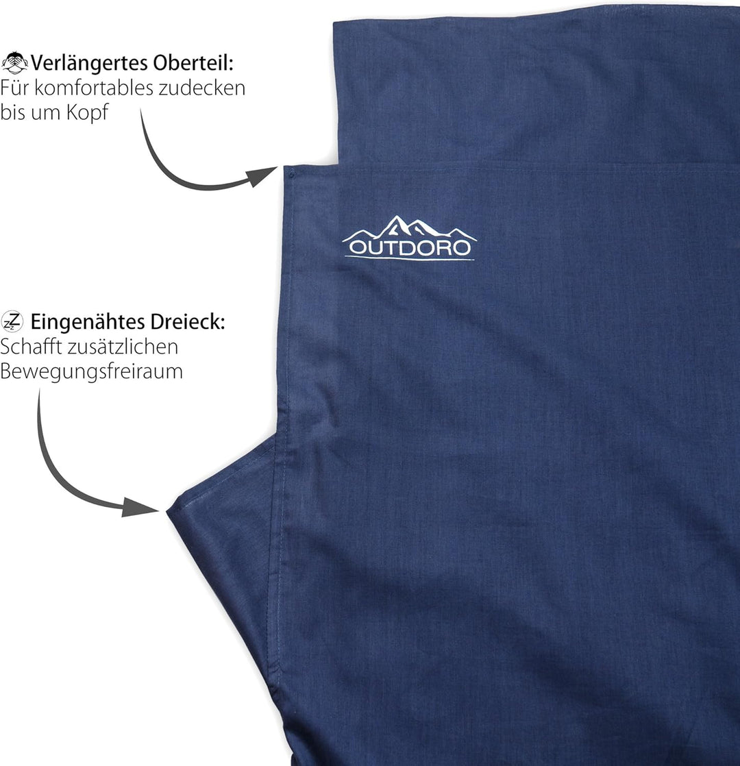 Outdoro Hüttenschlafsack, Ultra-Leichter Reise-Schlafsack - nur 350 g aus Reiner Baumwolle mit Kisse