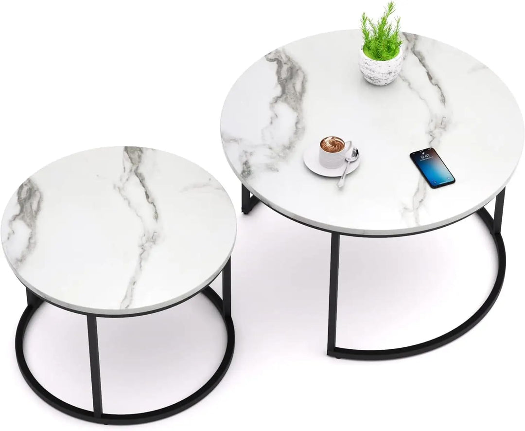 Home Heaven® Couchtisch rund Marmor 2er Set – Runder Couch Tisch in Weiss Marmor Optik mit Schwarze