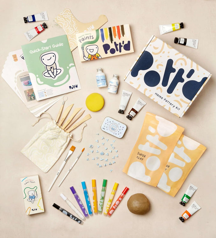 Pott'd™ Deluxe Edition Lufttrocknendes Ton-Heim-Töpferei-Set für Anfänger inklusive Werkzeugen, Farb