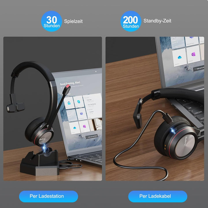 Wireless Headset, Mono Bluetooth 5.2 Headset mit Mikrofon & USB Dongle für PC, 30 Stunden Sprechzeit