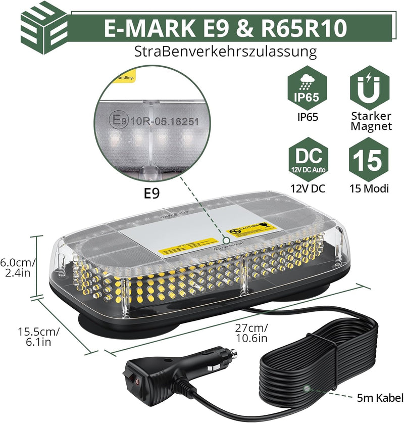 EYPINS Rundumleuchte Magnet 15 Blitzmuster, 12V/24V Warnleuchte 240 LED Bernsteinfarbe Notfall-Warnl