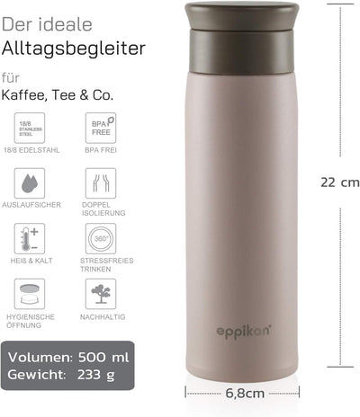 eppikan eppiToGo Edelstahl Thermobecher, Kaffee-to-go Becher, 350 ml, 500 ml Travel Mug, Autobecher,