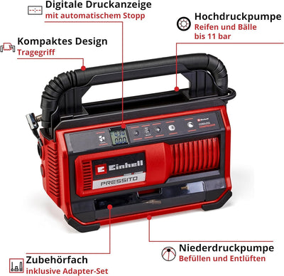 Einhell Akku-Kompressor PRESSITO 18/25 Power X-Change (18 V, max. 11 bar, inkl. 3-tlg. Adapter-Set,