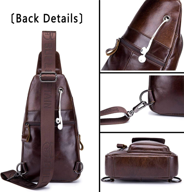 BULLCAPTAIN Herren-Umhängetasche, Leder, Schultertasche, lässiger Tagesrucksack, Brusttaschen für Re
