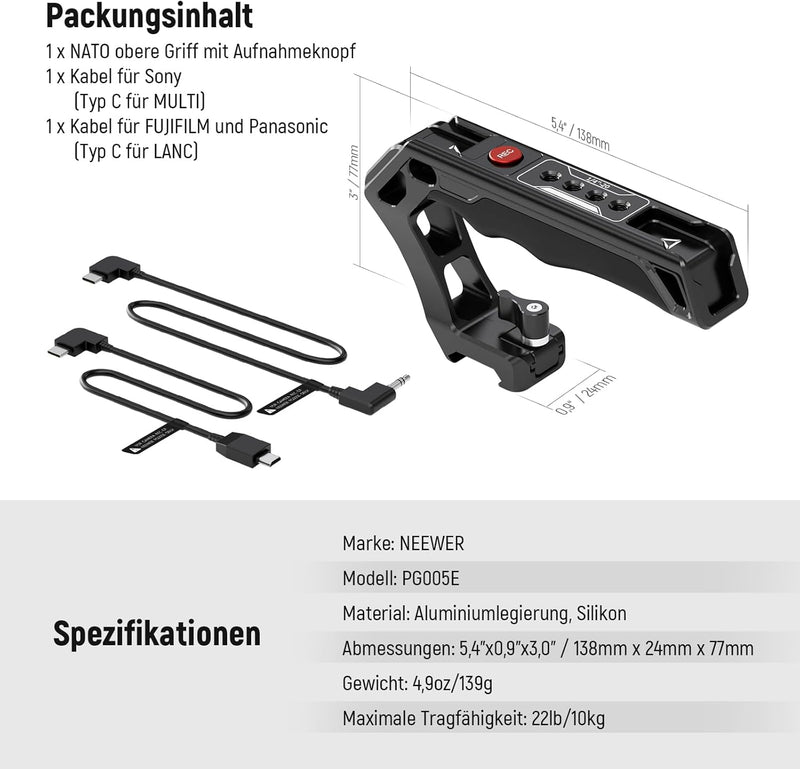 NEEWER Obere NATO Griff mit Aufnahmeknopf, Silikongriff mit QR NATO Klemme, 3/8" ARRI Lokalisierungs