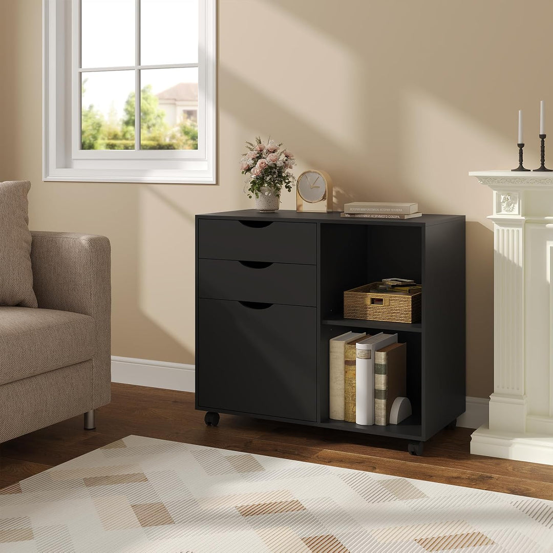 WOLTU Rollcontainer mit 3 Schubladen, mobiler Aktenschrank mit 5 Rollen, Büroschrank mit verstellbar