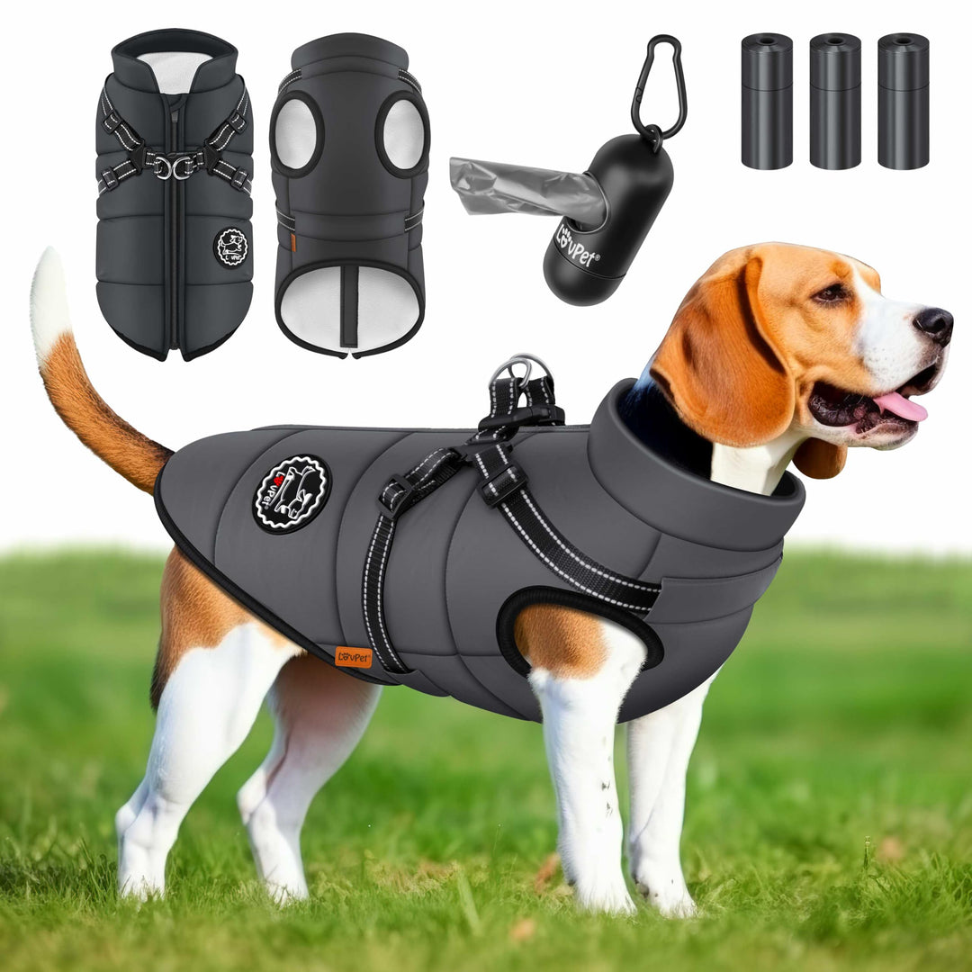 Hundejacke Hundemantel mit Geschirr, inkl. 45 Stück Kotbeutel + Spender, Hunde Winterweste gefüttert