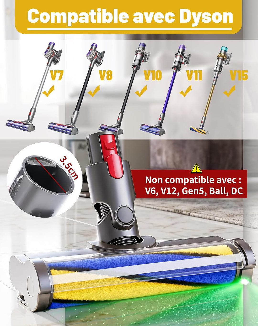 Bürste für Dyson V7 V8 V10 V11 V15 Bodendüse mit LED-Licht und Bürsten-Softwalze für Hartboden Ersat