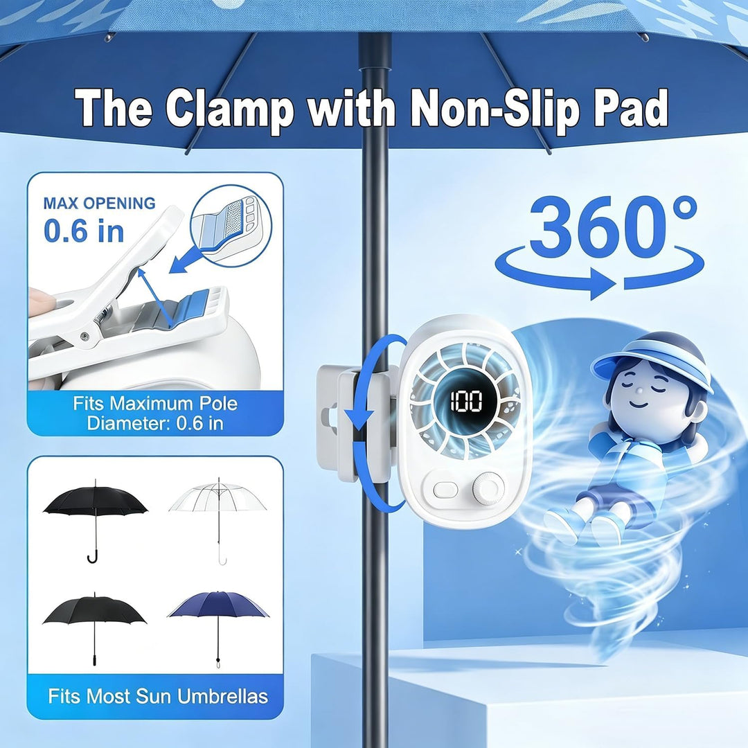Tragbarer Clip-On Ventilator für Sonnenschirm, ultraleicht 0,28 lb, stufenlose Geschwindigkeit, wied