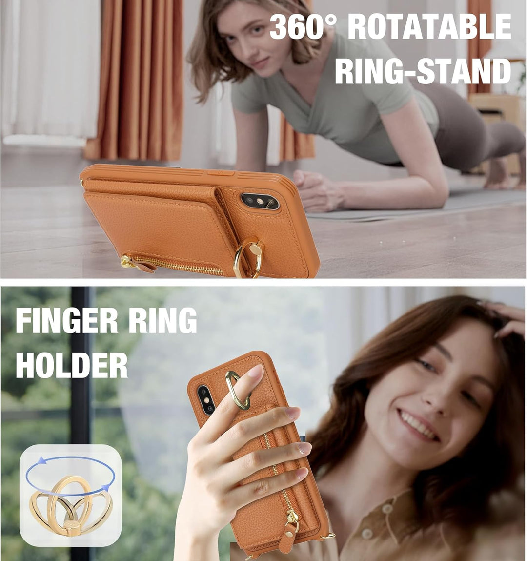 ELTEKER Handyhülle für iPhone XS Max Hülle mit Band Kartenfach Handykette Ringhalterung Geldbörse,Le