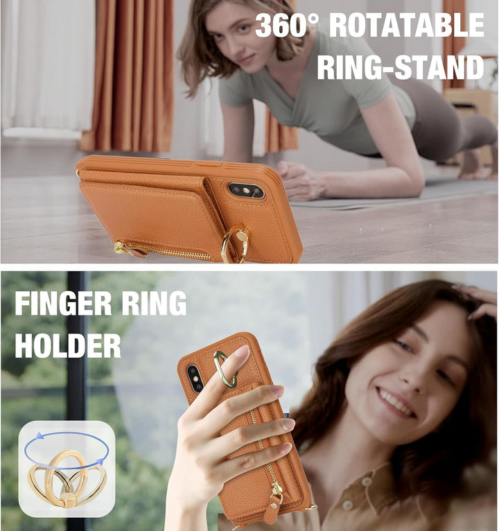 ELTEKER Handyhülle für iPhone XS Max Hülle mit Band Kartenfach Handykette Ringhalterung Geldbörse,Le