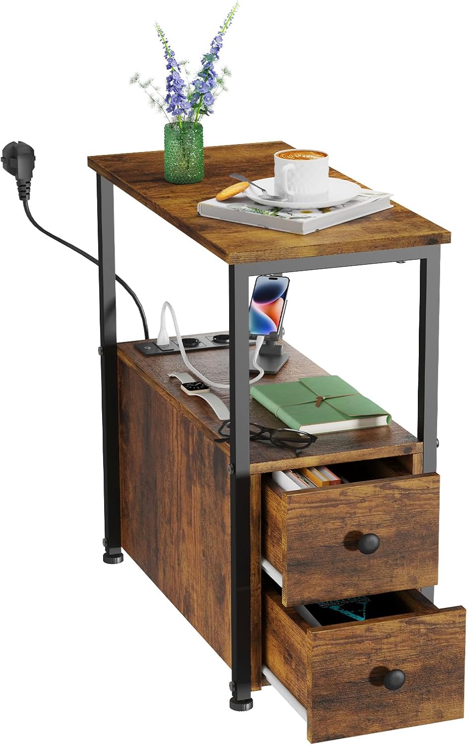 Nachttisch mit Ladestation, Nachttisch mit USB-Anschlüssen, Beistelltisch mit 2 Schubladen und Ablag