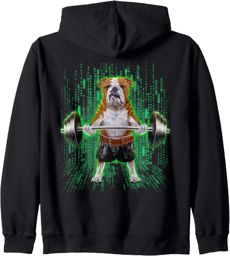 Bulldogge, die Gewichte im Cyber-Fitnessstudio hebt Kapuzenjacke