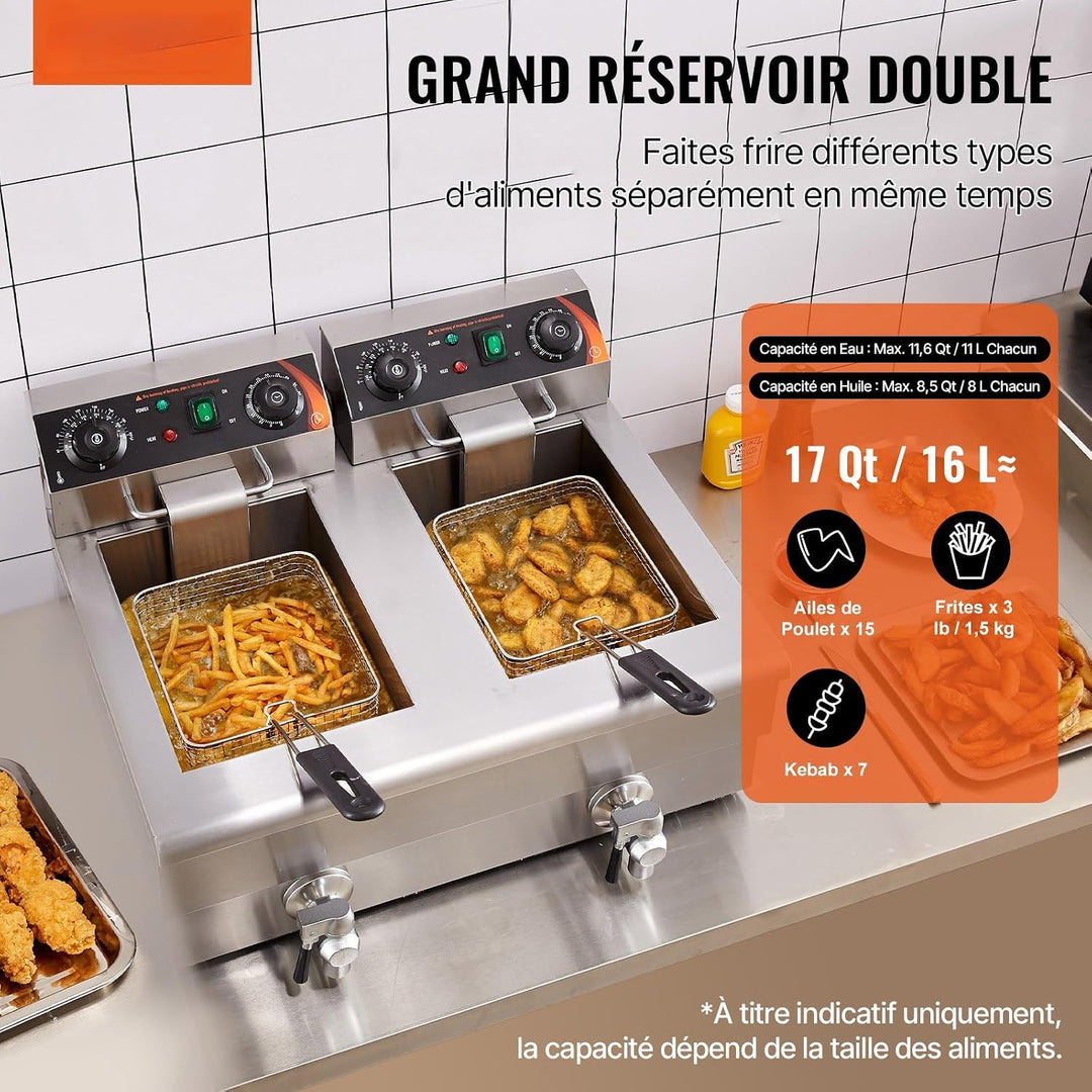 3 KW elektrische Tischfritteuse mit Doppeltank 2×11 L aus Edelstahl, Temperatur- & Zeitregulierung f
