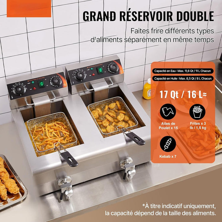 3 KW elektrische Tischfritteuse mit Doppeltank 2×11 L aus Edelstahl, Temperatur- & Zeitregulierung f