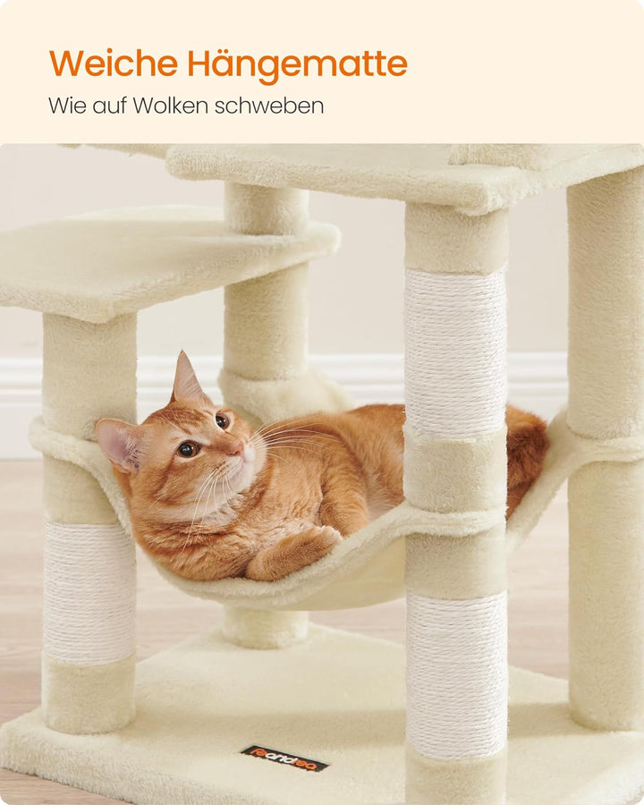 Feandrea Kratzbaum, 112 cm hoch, Katzenbaum, mehrstöckiges Katzenhaus, mit 4 Kratzsäulen, 2 Plattfor