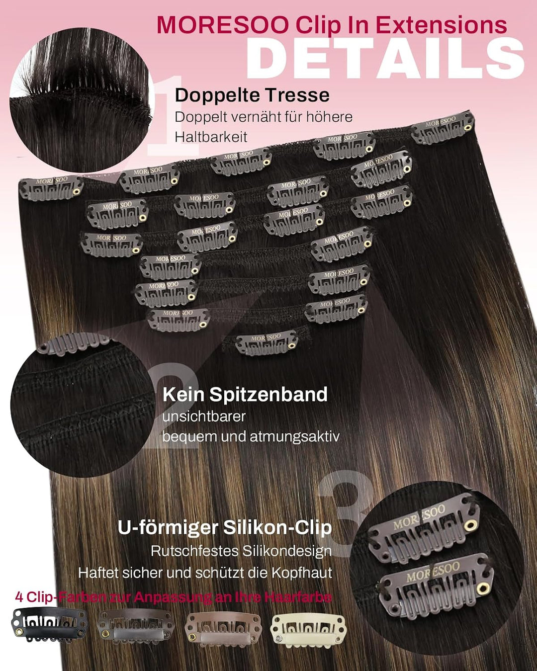 Moresoo Clip in Extensions Echthaar Balayage Braun Haarverlängerung Echthaar Clip Extensions Echthaa