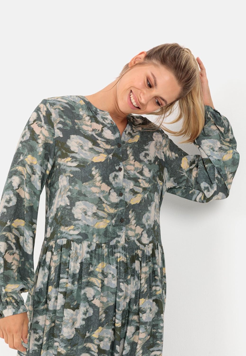 camel active Damen Kleid mit Allover-Print XXL Aop Smoke Khaki, XXL Aop Smoke Khaki