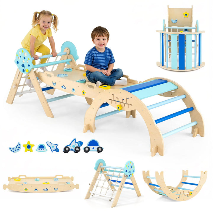COSTWAY Klettergerüst Indoor 3er Set, klappabres Kletterdreieck mit Rutsche, Kletterbogen, Netz, ink