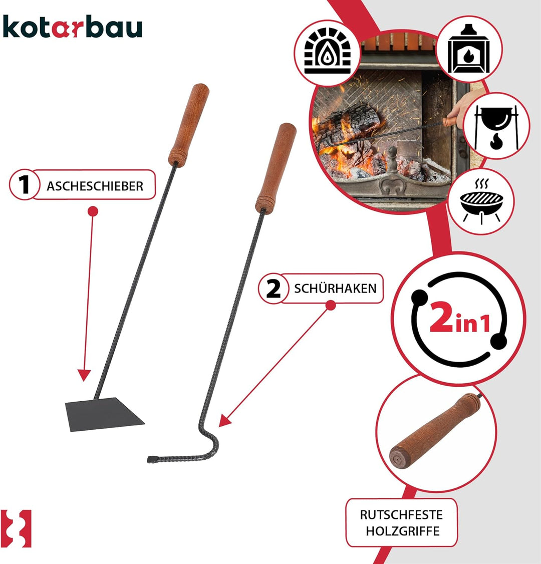KOTARBAU® Kaminbesteck 2-teilig - Schürhaken & Ascheschieber - Kaminofen Holzofen - Besteck Set Schw