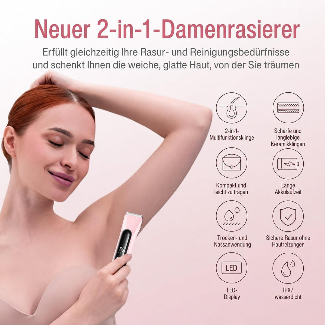 Rasierer Damen, 2-in-1 Intimrasierer für Frauen, Rasierer Damen Elektrisch mit LED Display, IPX7 Was