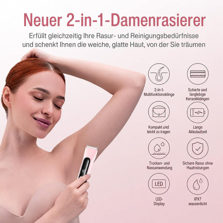 Rasierer Damen, 2-in-1 Intimrasierer für Frauen, Rasierer Damen Elektrisch mit LED Display, IPX7 Was