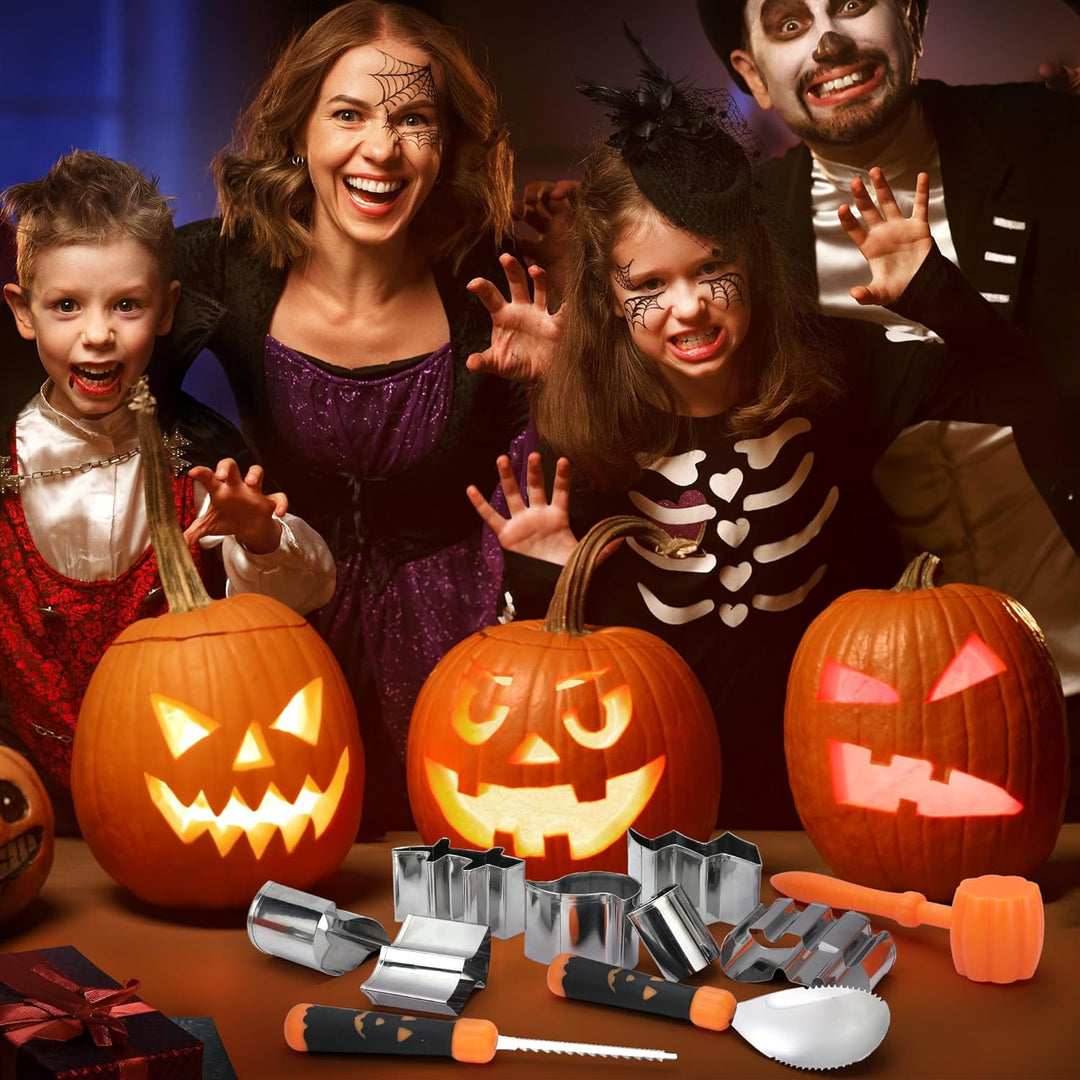 HAUSHOF Halloween Kürbis Schnitzset 23-tlg., Kürbis Schnitzwerkzeuge mit Hammer und 20 Formen, DIY H