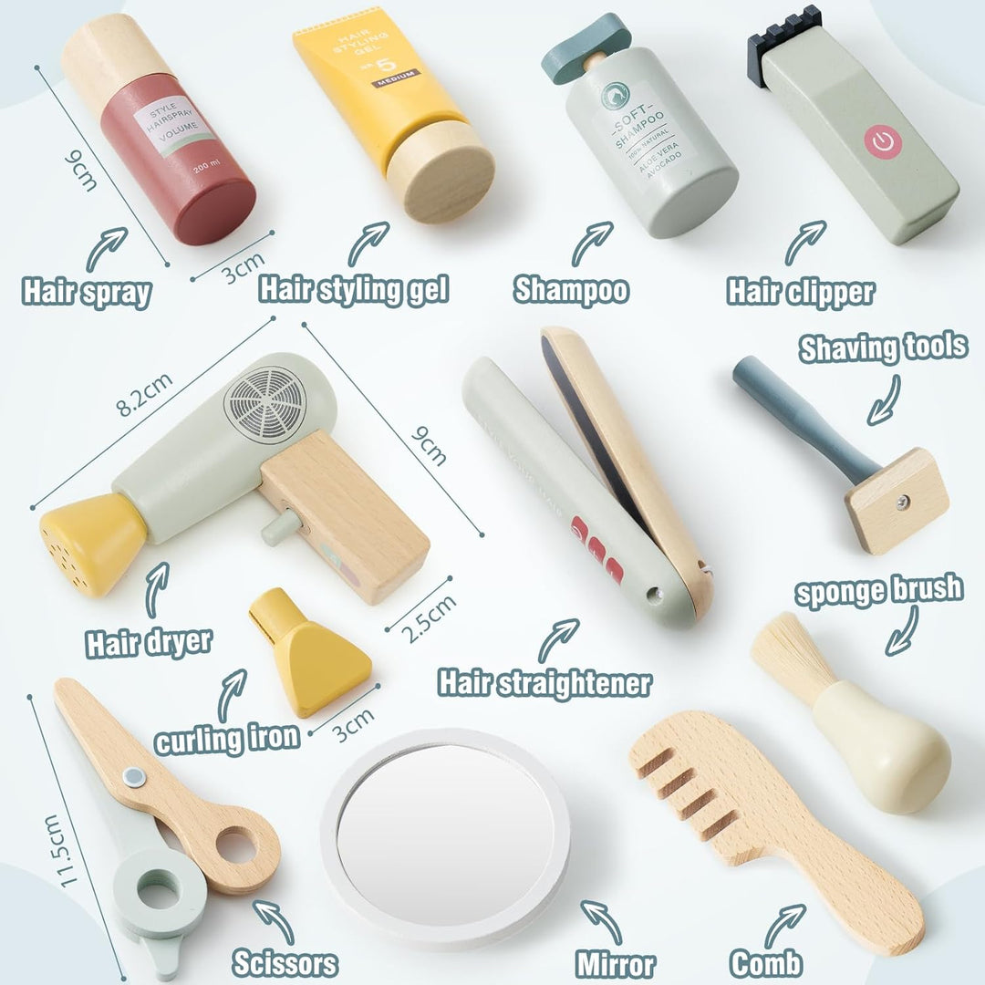 Holz Friseur Set Kinder mit Haartrockner Glätteisen Kamm Haarstyling Rasierzubehör Salon Friseur Zub