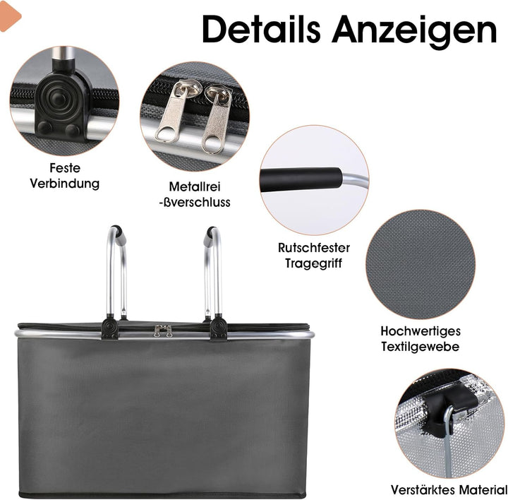 kühlkorb einkaufskorb 47L,Mit Reissverschluss isolierter, Faltbarer Picknickkorb,Klapprahmen aus Alu