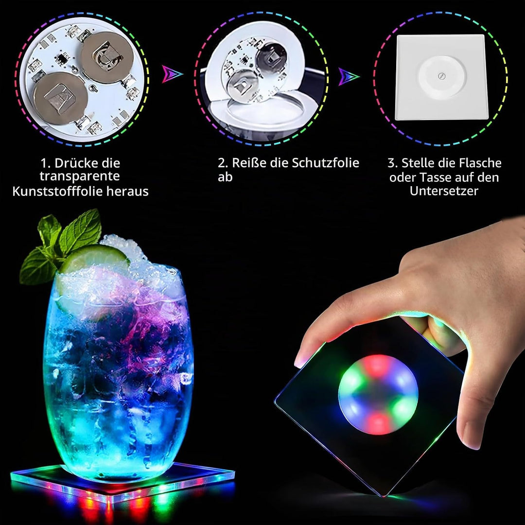 8er Quadratisch Bunt LED Untersetzer für Getränke, 10cm 3 Beleuchtungsmodi Leuchtende Untersetzer, A