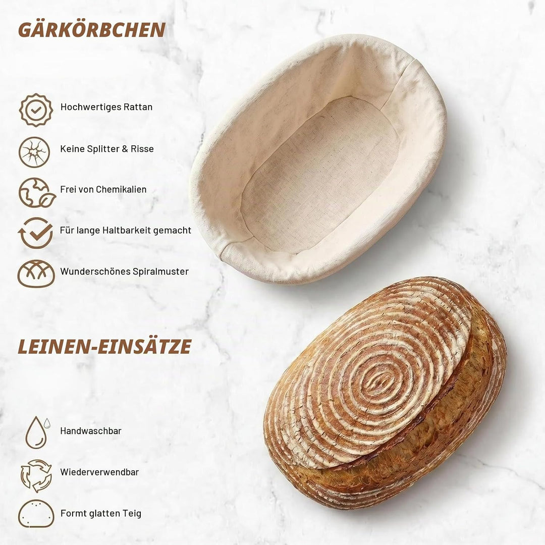Gärkörbchen Set rund 23 cm aus natürlichem Rattan, Komplettes Brotbackset mit Bäckermesser, Teigscha