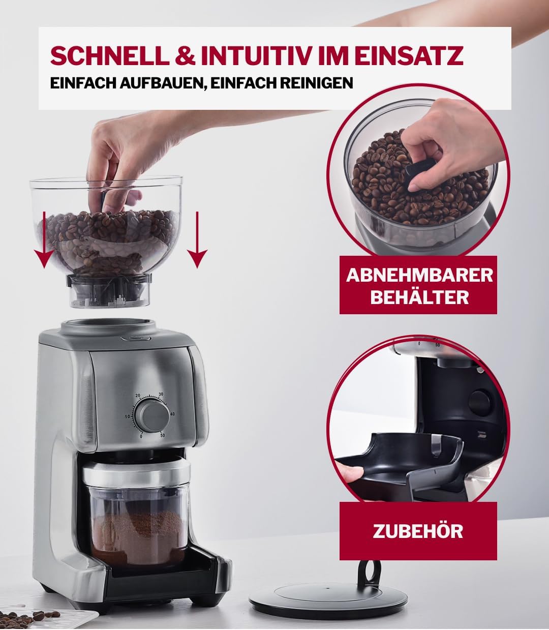Turmix elektrische Kaffeemühle TX 190 – Kaffeemühle mit Kegelmahlwerk, 16 Stufen, 400 g Bohnenbehält