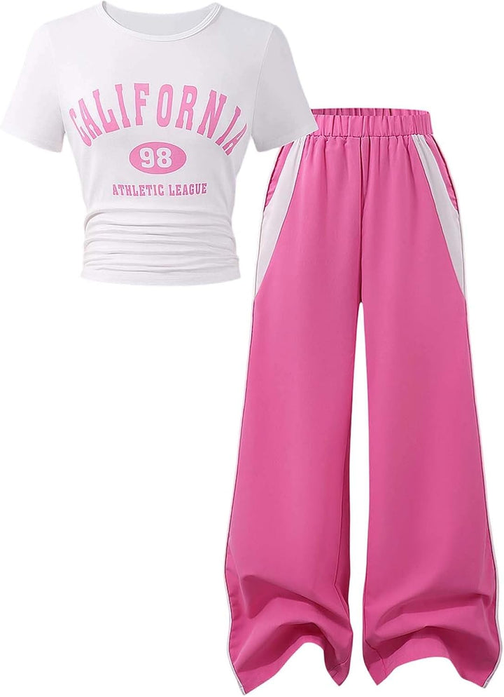 Generisch Kinder Set Kurzarm Shirt mit weissem Letter Print und Cargohose Loose Fit Freizeitstyle fü
