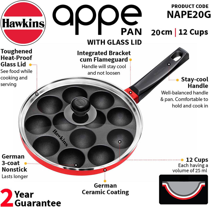 HAWKINS Antihaft-Appe-Pfanne mit Glasdeckel, 12 Tassen, Durchmesser 22 cm, Schwarz (NAPE22G), Standa