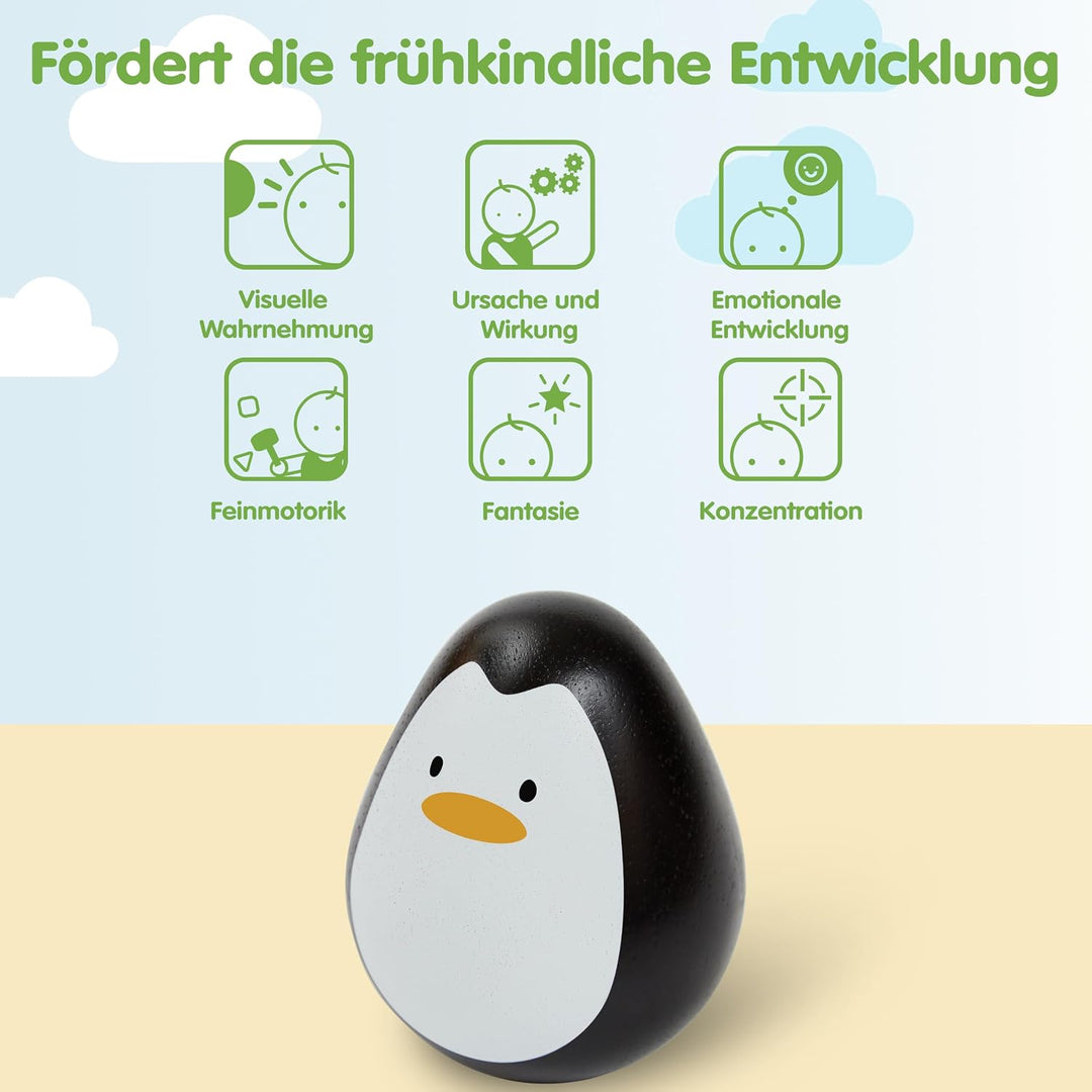 PlanToys® Stehaufmännchen Pinguin Holz | Wackeltier &amp; Greifling für Babys | Montessori-Holzspielzeug
