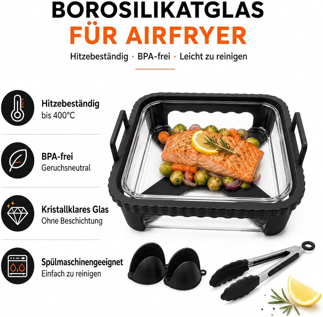 Glas Auflaufform Airfryer für Cosori TurboBlaze 6L &amp; Iconic Single 6,2L, Schwarz1, Schwarz1