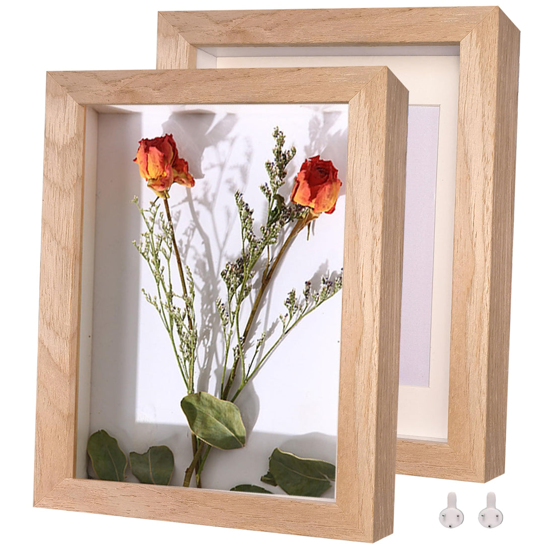 3D Bilderrahmen Holz 20x25cm 2 Pack Teakholz Fotorahmen aus Massivholz und Echtglas für Objekte bis