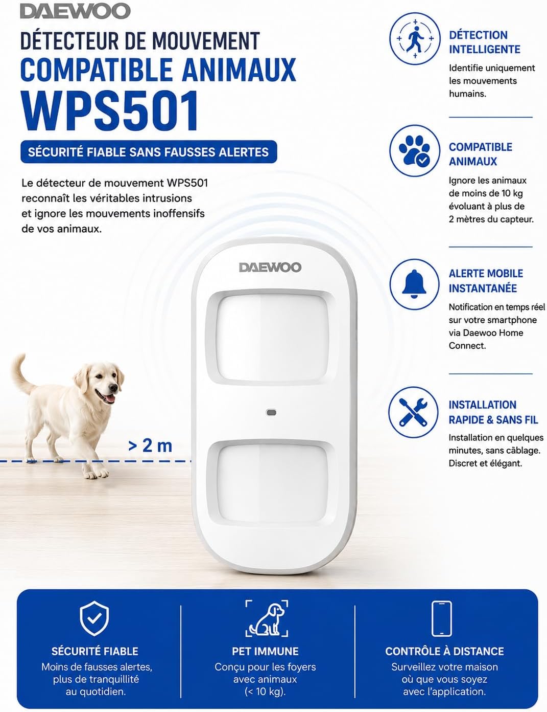 DAEWOO Pet Immun Wireless Bewegungsmelder, kompatibel mit Tieren, WPS501 für DAEWOO SA501 Alarme, 86