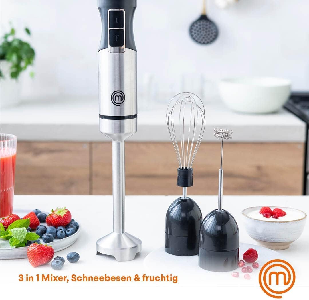 MasterChef Stabmixer Edelstahl 3 in 1, Pürierstab mit Elektrische Schneebesen &amp; Hand Milchaufschäume