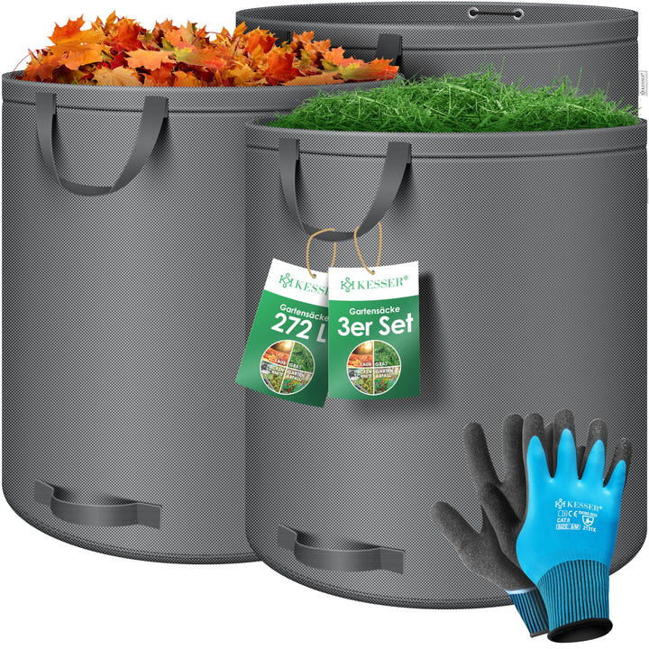 KESSER® Gartensack 3x 272L Set Laubsack Gartenabfallsack inkl. Handschuhe - Selbststehend 4 Griffe S