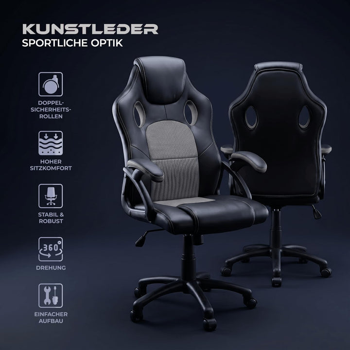 Panorama24 Gamer Stuhl Gaming Schreibtischstuhl Chefsessel Bürostuhl Ergonomisch, Grau, 9 Farbvarian